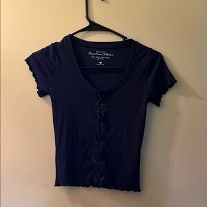 Hollister Navy Short Sleeve Top with Lace-Up Detail. Size XXS
